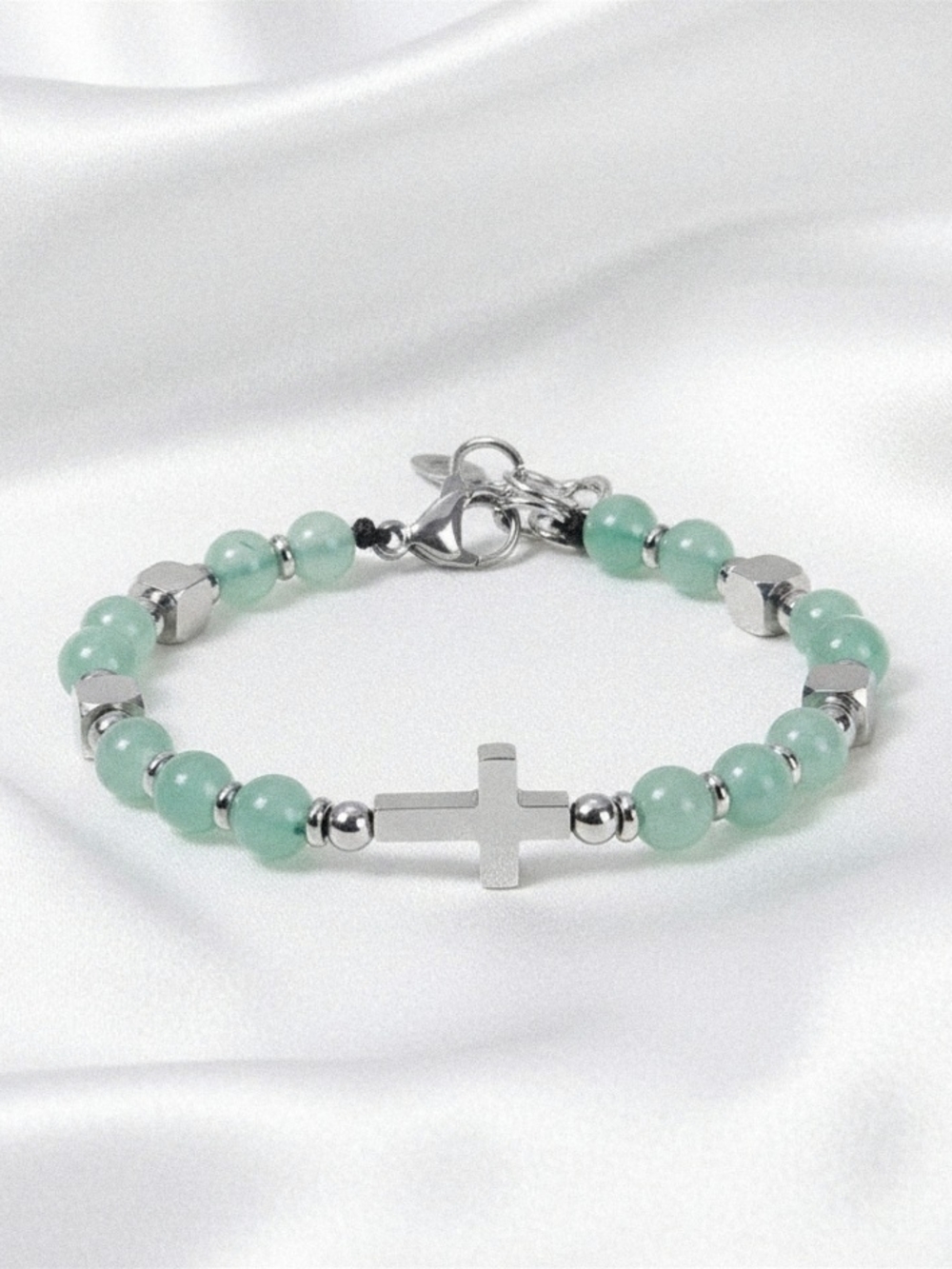 Green‎ Aventurine Beaded Bracelet W/  Cross Charm